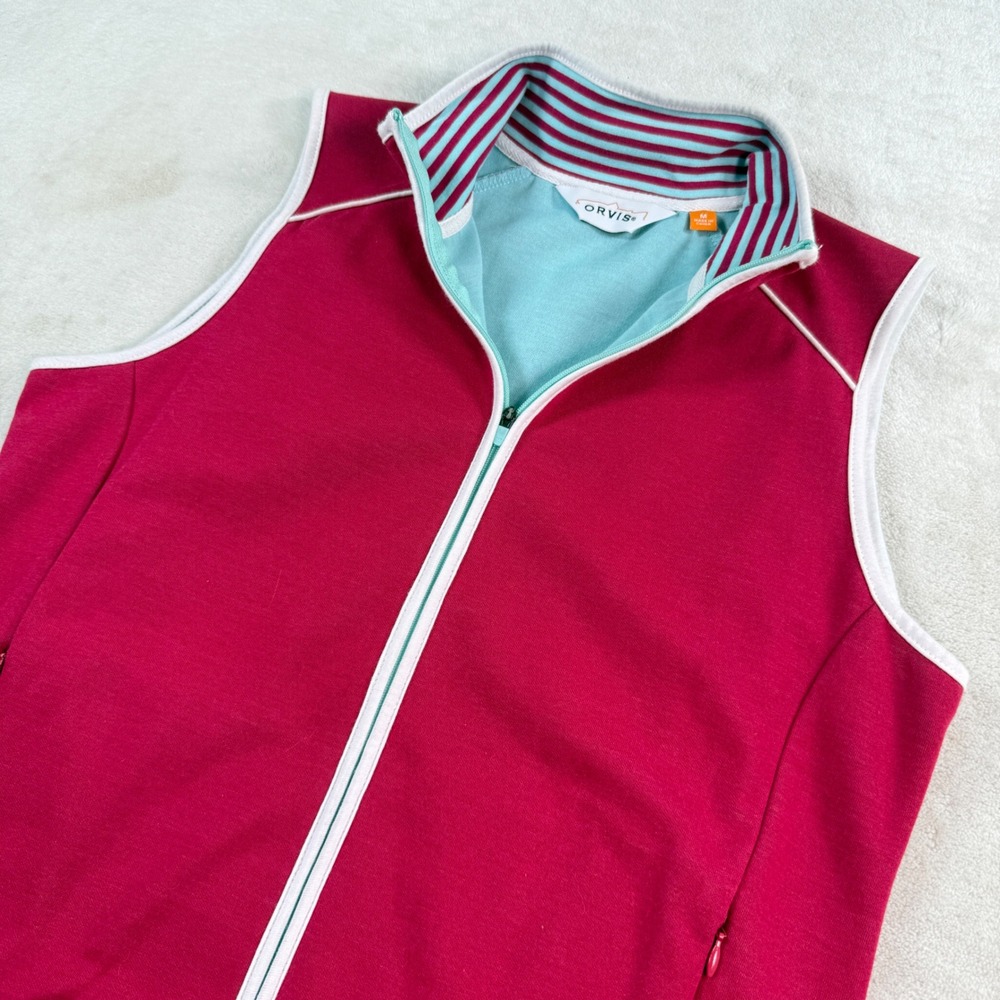 Orvis Womens Full Zip Vest Pink Striped Mock Neck Pockets Activewear Size M